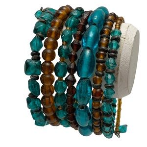Turquoise teal amber brown glass beaded boho bohemian memory wire bracelet stack